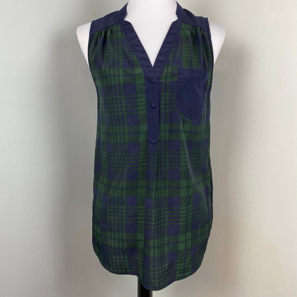 ModCloth Fervour Navy Green Tartan Plaid Sleeveless Blouse Small Holiday